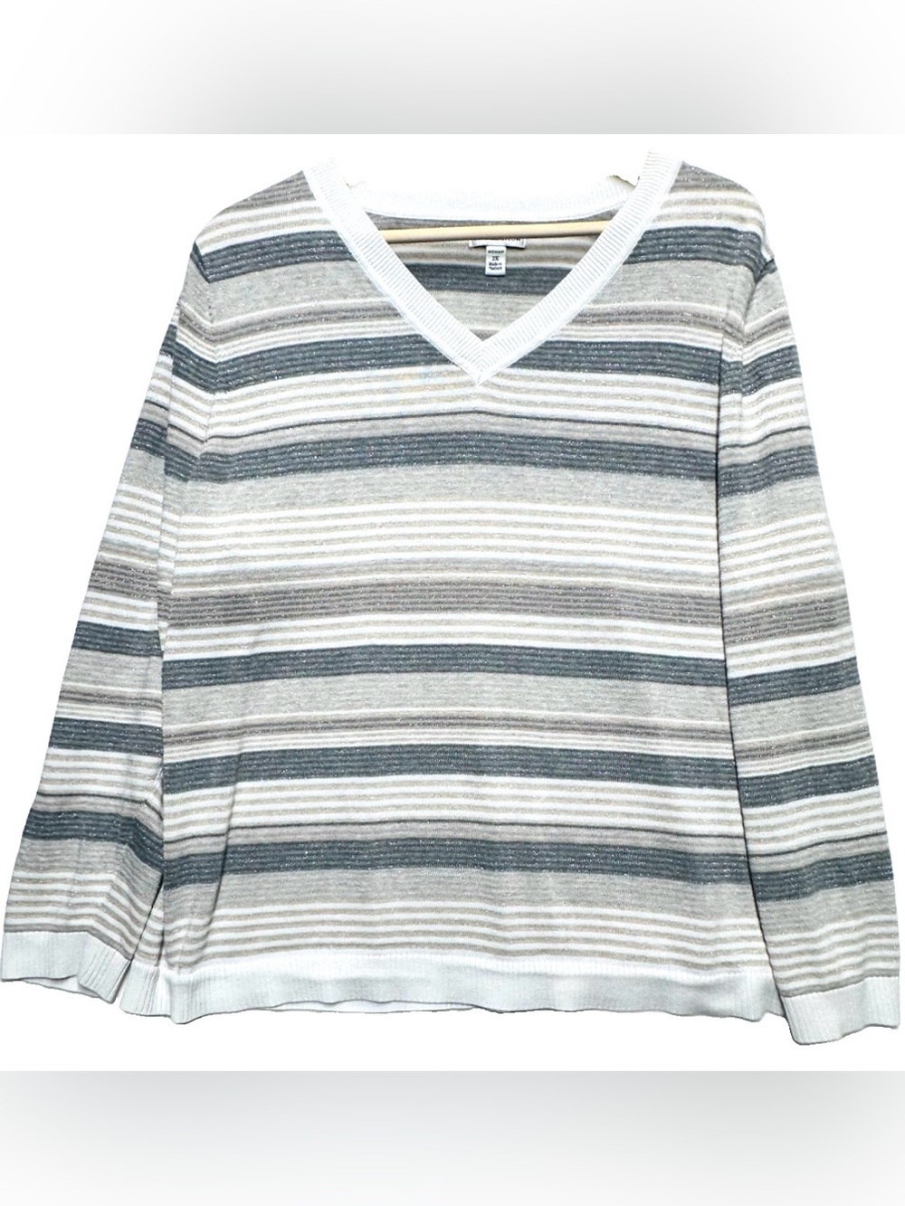Croft & Barrow Womens 2X Striped Metallic V Neck Lightweight Knit Sweater